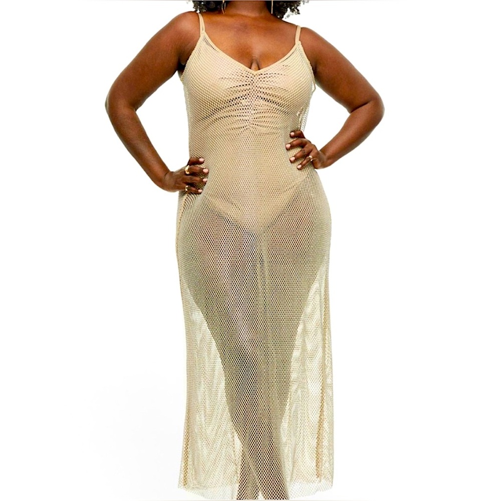 H&M Viral Iridescent Rhinestone Crystal Sheer Mesh Dress in Beige | XXL | NWT!